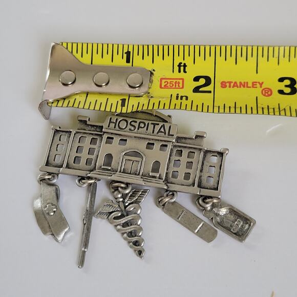Vintage 80s Jonette Jewelry Hospital Nurse Brooch Lapel Pin Pewter Silver Charms - Picture 6 of 7